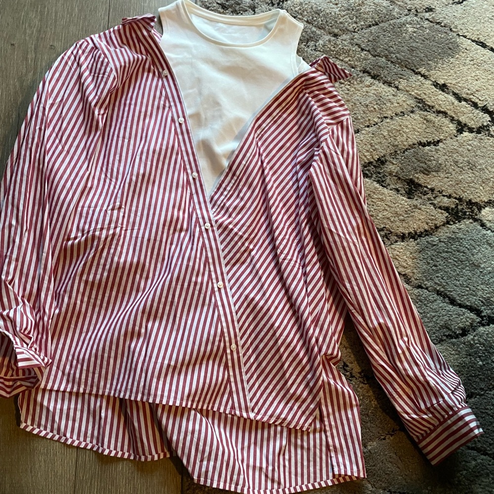 MAJE PARIS Women's Red White Long-Sleeve Layered Striped Blouse Shirt